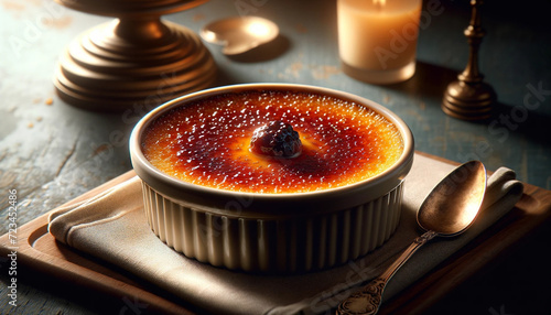 a glamorous illustration of Creme Brulee: A rich custard base topped with a contrasting layer of hardened caramelized sugar. photo