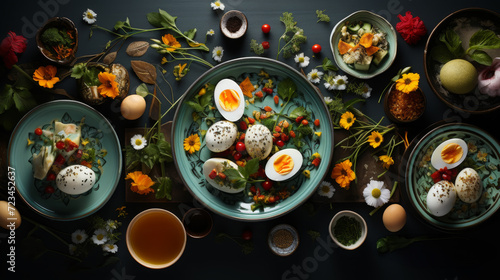 Artistic Flat Lay of Spring Salads with Fresh Herbs and Eggs