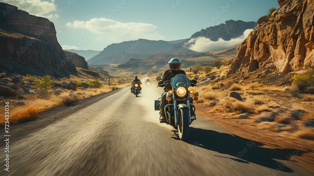 Motorcycles on an asphalt road through a desert landscape