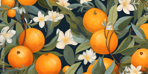 Juicy oranges and flowering branches on a dark background