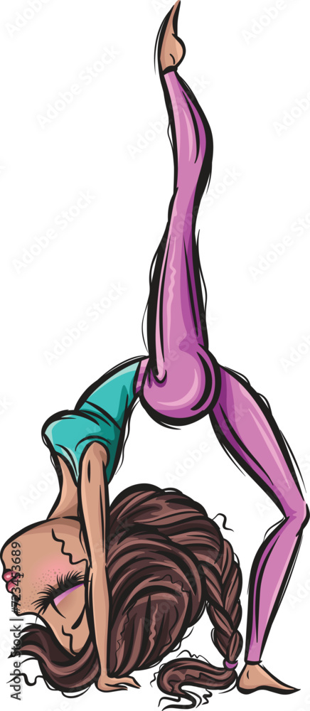 Cute brunette yoga girl. Healthy life style. Yoga routine. Classic yoga asanas. Sport exercise in usual life. Cartoon style girls. Yoga for children