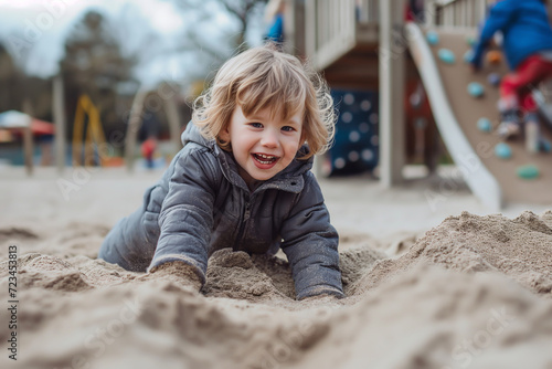 Joyful Child with Hat Playing in Sand