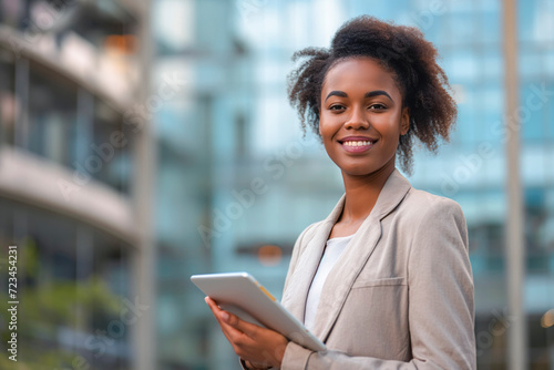 Black businesswoman smiling and holding tablet, with office building in the background, concept of business diversity