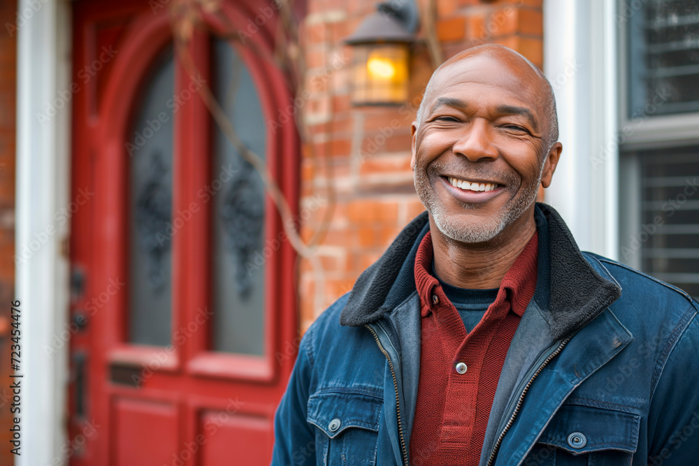 Confident African American Man Smiling Outside His Home, concept of home ownership Confident African American Man Smiling Outside His Home, concept of home ownership