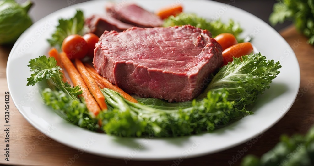 Grilled Beef Steak and Fresh Vegetables Salad on a White Plate for a Delicious Dinner