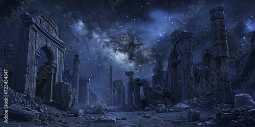 Bygone Epochs Unveil: An Astral Journey to the Lost City Beneath the Celestial Canvas of the Milky Way photo