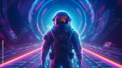 Sci-fi Retrowave space illustration of science fiction scene with mysterious astronaut figure in space suit surrounded by glowing neon tube lights