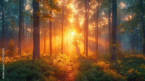 Wooded forest trees backlit by golden sunlight before sunset with sun rays pouring through trees on forest