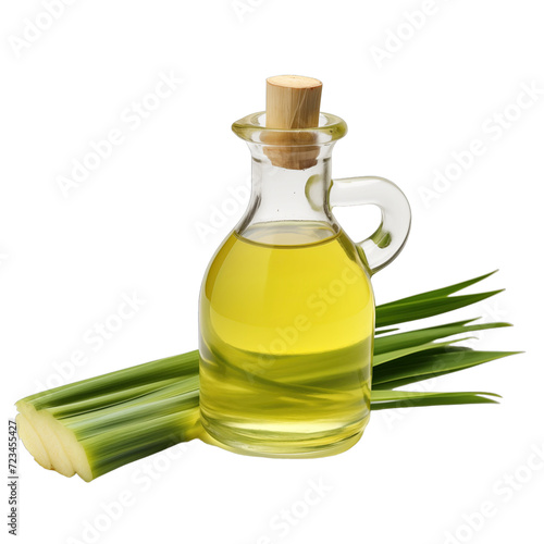 fresh raw organic lemongrass oil in glass bowl png isolated on white background with clipping path. natural organic dripping serum herbal medicine rich of vitamins concept. selective focus photo