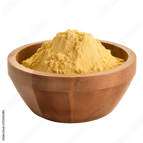 pile of finely dry organic fresh raw oregon grape root powder in wooden bowl png isolated on white background. bright colored of herbal, spice or seasoning recipes clipping path. selective focus photo