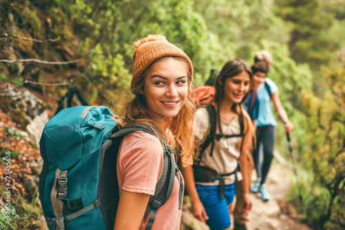 A group of young energetic group exploring wilderness. Gen Z hikers enjoying mountain trail, encapsulating a sense of vitality, adventure, and wanderlust in nature