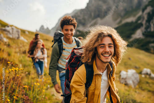 A group of young energetic group exploring wilderness. Gen Z hikers enjoying mountain trail, encapsulating a sense of vitality, adventure, and wanderlust in nature