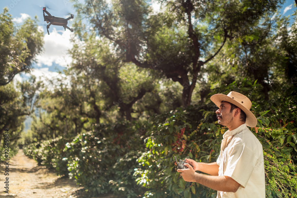 Young Latino pilots a drone on the coffee farm.