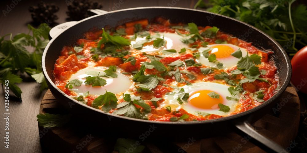 A skillet with eggs and bread, surrounded by green vine leaves, in the Food photography, shakshuka, top view, in a luxurious Michelin kitchen style, studio lighting, depth of field, ultra detailed A skillet with eggs and bread, surrounded by green vine leaves, in the Food photography, shakshuka, top view, in a luxurious Michelin kitchen style, studio lighting, depth of field, ultra detailed