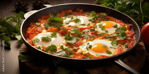 A skillet with eggs and bread, surrounded by green vine leaves, in the Food photography, shakshuka, top view, in a luxurious Michelin kitchen style, studio lighting, depth of field, ultra detailed 