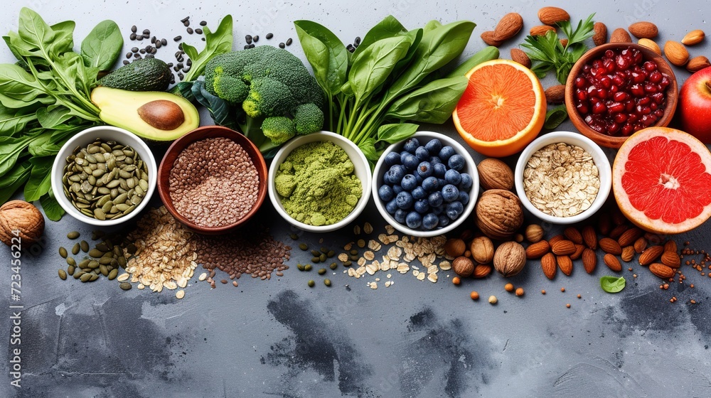 Vegetables and fruits top view with a copy of the space.