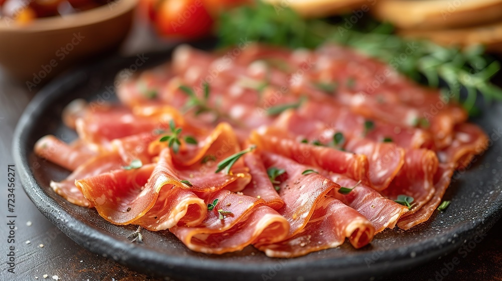 Slices of jamon serrano ham or prosciutto crudo parma on wooden board with rosemary. Slices of jamon serrano ham or prosciutto crudo parma on wooden board with rosemary.