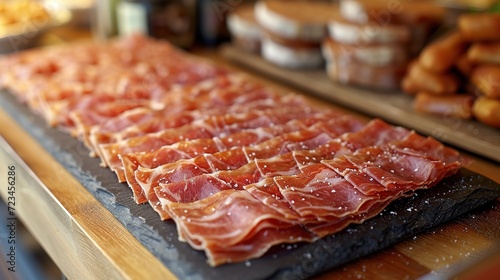 Slices of jamon serrano ham or prosciutto crudo parma on wooden board with rosemary.