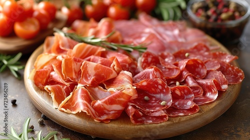 Slices of jamon serrano ham or prosciutto crudo parma on wooden board with rosemary. photo
