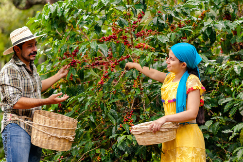 Happy farmers working in a coffee field.