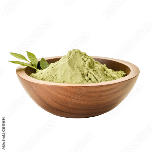 pile of finely dry organic fresh raw pistachio flour powder in wooden bowl png isolated on white background. bright colored of herbal, spice or seasoning recipes clipping path. selective focus photo