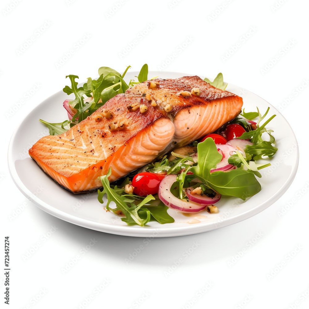 a pan seared salmon with petis & sour salad, studio light , isolated on white background a pan seared salmon with petis & sour salad, studio light , isolated on white background