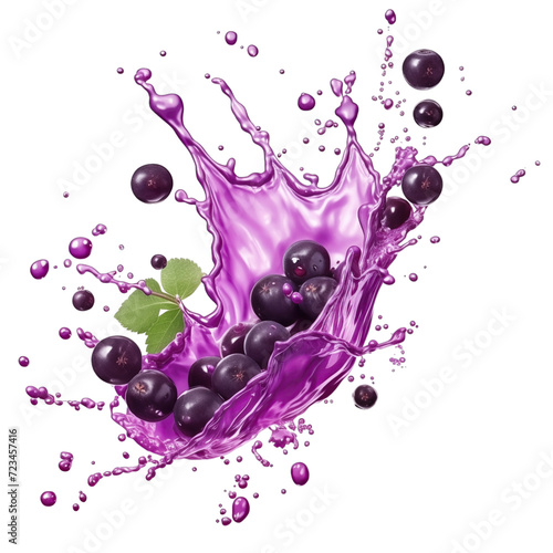 realistic fresh ripe blackcurrant with slices falling inside swirl fluid gestures of milk or yoghurt juice splash png isolated on a white background with clipping path. selective focus photo