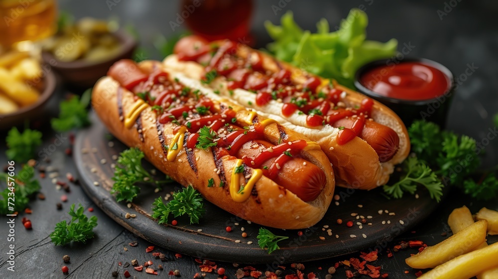 Hot dogs with a sausage on a fresh rolls garnished with mustard and ketchup - obrazy, fototapety, plakaty 