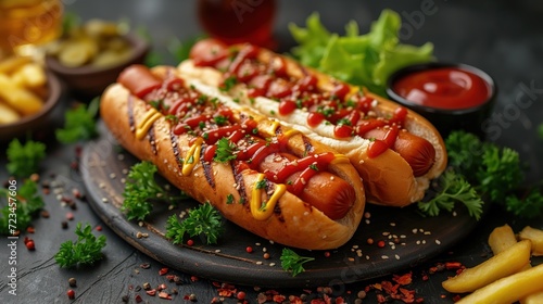 Hot dogs with a sausage on a fresh rolls garnished with mustard and ketchup photo