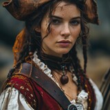 Adventurous spirit: a female pirate of the Caribbean dons corsair clothing, sailing the high seas with swashbuckling style and a rebellious flair for maritime plunder and daring escapades.
