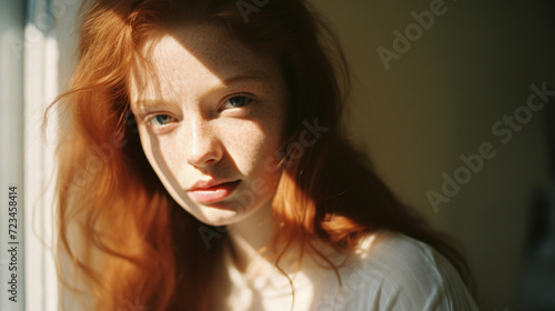 photo of a woman  dark red hair and green eyes  pale skin  light through window  shadows on face  kodak portra 160 style raw