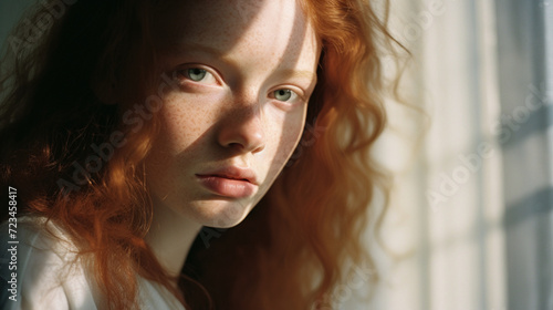photo of a woman, dark red hair and green eyes, pale skin, light through window, shadows on face, kodak portra 160 style raw