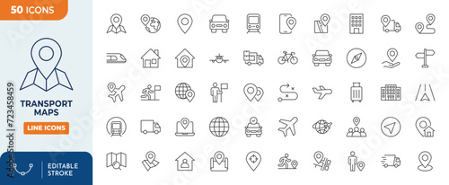 Transport maps line editable icon set. Editable stroke. Vector illustration	