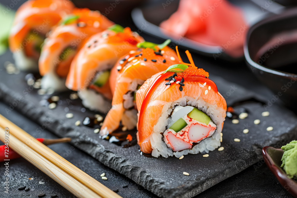 Exquisite Sushi Roll with Salmon and Roe Presentation Exquisite Sushi Roll with Salmon and Roe Presentation