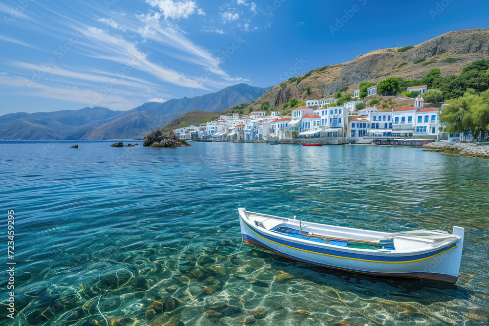 Serene Coastal Village with Boat on Crystal Clear Water