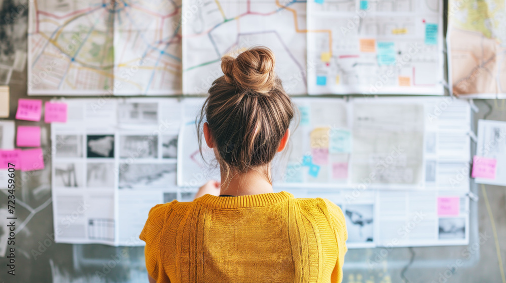 Focused professional woman examines detailed project plans and colorful sticky notes on a wall, indicating a strategic planning process in a bright workspace. Focused professional woman examines detailed project plans and colorful sticky notes on a wall, indicating a strategic planning process in a bright workspace.