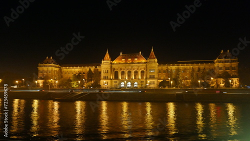 Hungary Budapest night sailing and view of Buildings infrastructures bridges landmarks in the city along Rhine river and Danube river 