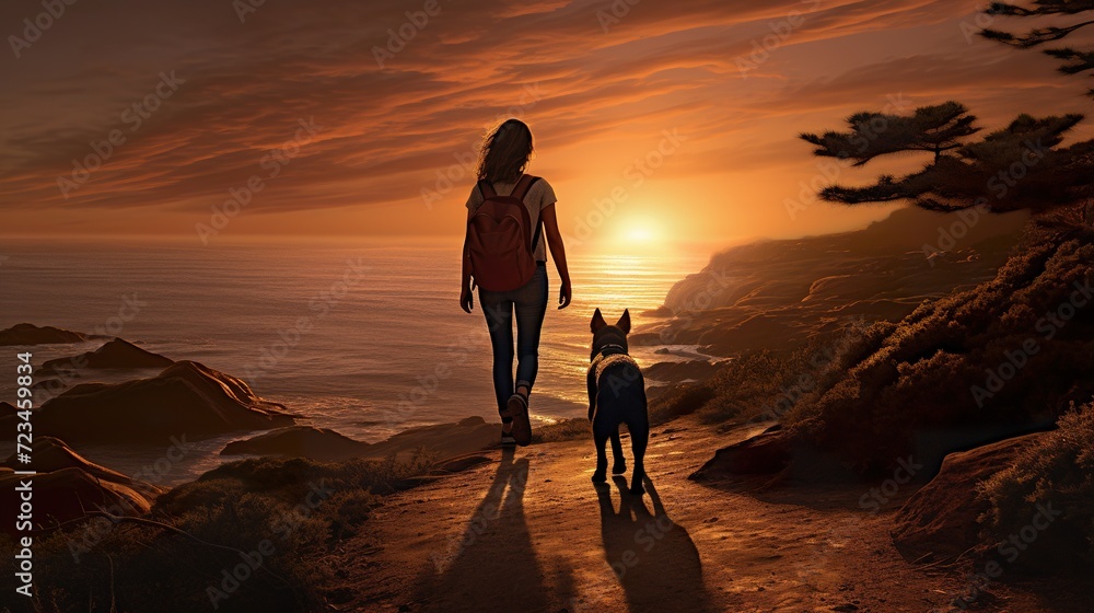 person walking with dog at beach at sunset, woman play with pet at nature, silhouette of female and animal playing person walking with dog at beach at sunset, woman play with pet at nature, silhouette of female and animal playing