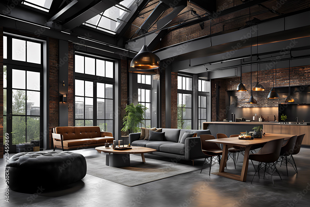 Concrete Canvas: Industrial Urban Scenes with Sofa and Dining Table in Farmhouse Black Style