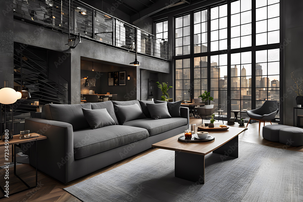 Cityscape Comfort: Industrial Studio Living with Sofa and Dining Table. Selective focus