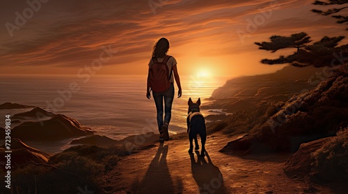 person walking with dog at beach at sunset  woman play with pet at nature  silhouette of female and animal playing