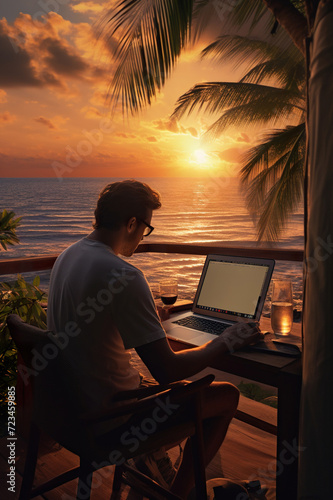 young man working remote with laptop at beach, freelance job working concept, person work with pc at sunset outdoor