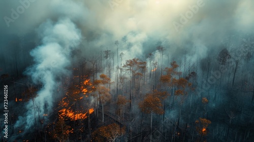 Aerial view a smoke coming from a burnt trees on fire in the forest