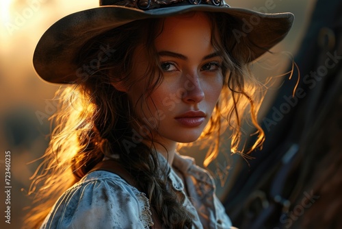 Elegant beauty of a cowgirl: grace meets grit, prairie echoes with the allure of a free-spirited, beautiful woman serene charm of a pretty girl, portrait of grace.
