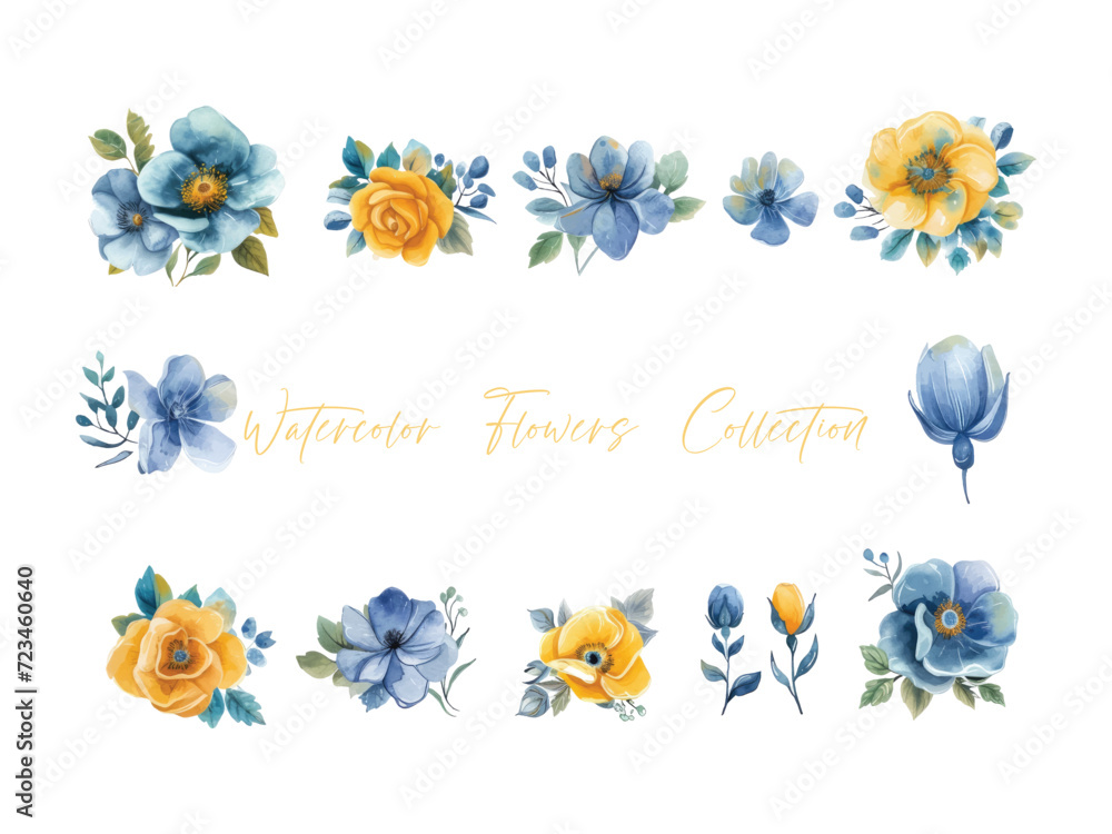 set water color flowers, color yellow very detailed, which is suitable for white background wedding templates