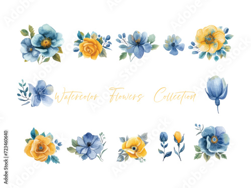 set water color flowers, color yellow very detailed, which is suitable for white background wedding templates