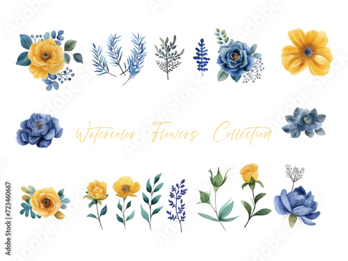 set water color flowers, color yellow very detailed, which is suitable for white background wedding templates