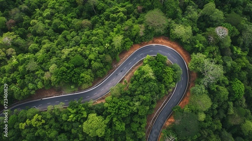 Aerial view of a road in the middle of the forest, road curve construction up to mountain © Sasint