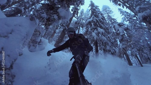 Extreme Snowboarding Tree Run Holding Action Camera Pole