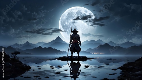sillhouette of samurai girl look at full moon